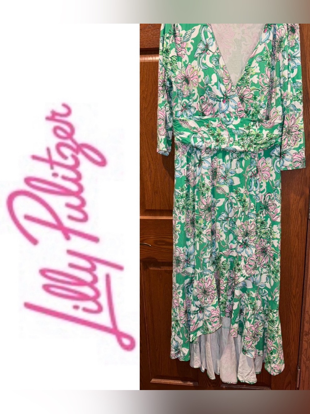 EUC Lilly Pulitzer XL Moana 3/4 Sleeve Maxi Dress in Spearmint Blossom Views
